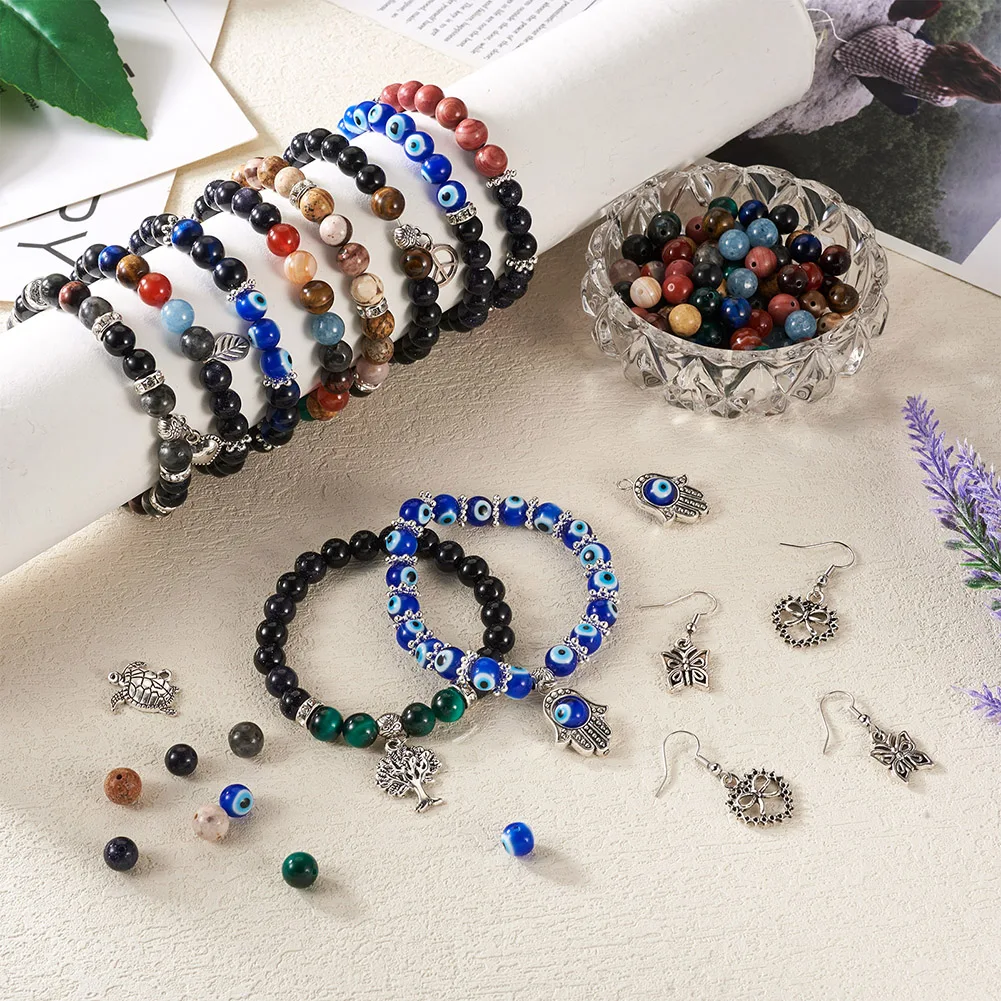 1 Set DIY Evil Eye Charms Beads Earring Bracelet Making Kit Natural & Synthetic Mix Gemstone Bead Lampwork Pendant Earring Hook