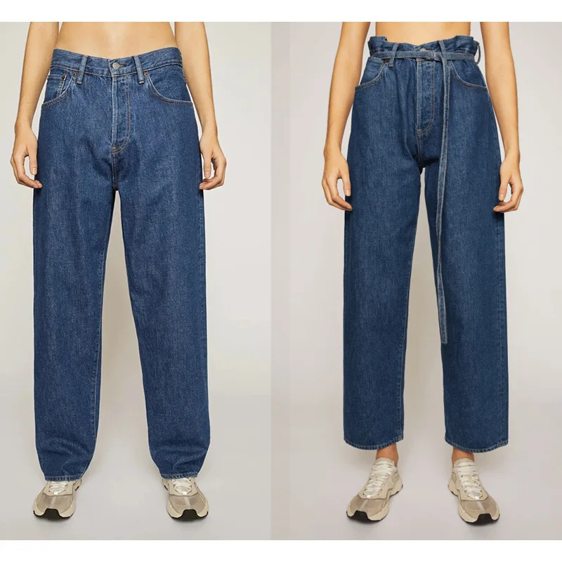 

Retro casual women jeans Straight loose casual wild sashes jeans