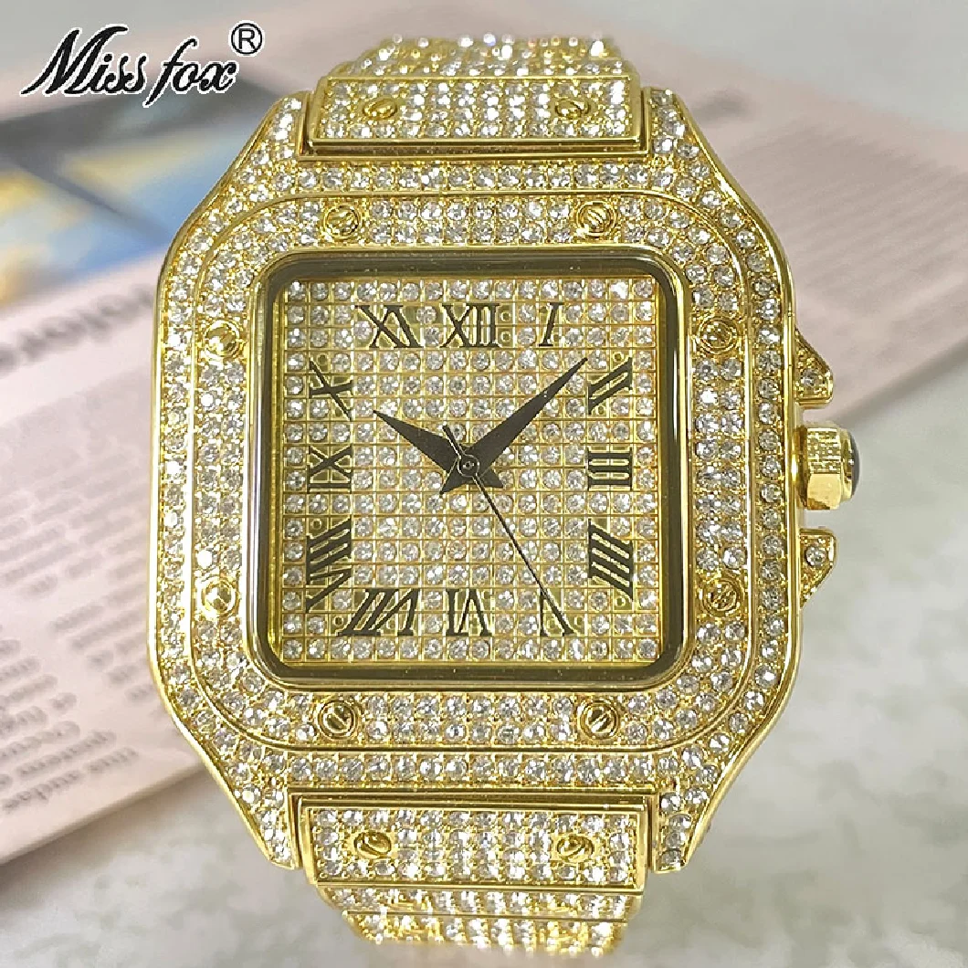 

MISSFOX Hip Hop Gold Watches Men Luxury Iced Out Fashion Quartz WristWatch Square Waterproof Clock Stainless Steel Free Shipping