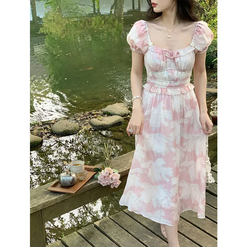 

Elegant Floral Evening Party Midi Dresses Women Summer Beach France Vintage Fairy Dress Puff Sleeve Korean Sweet Princess Dress