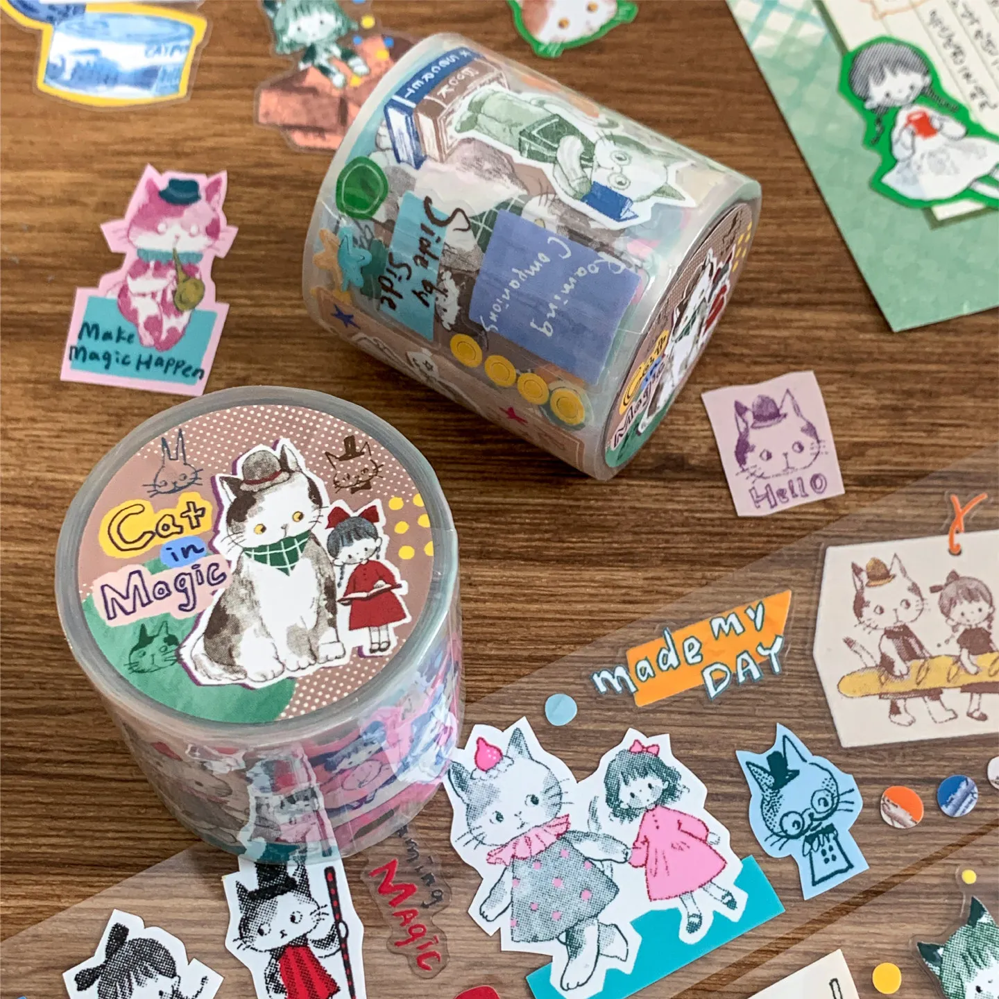 Фото Декоративная лента Zzoton Studio Vintage Wander In The World Of Cats Washi PET для планировщиков, изготовления открыток, скрапбукинга и DIY-проектов №1