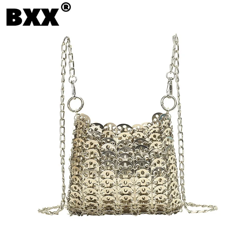 

[BXX] New DIY Handmade Underarm Women Bag 2023 High Quality Fashion Silver Metal Chain Single Shoulder Crossbody Packages 8CY518