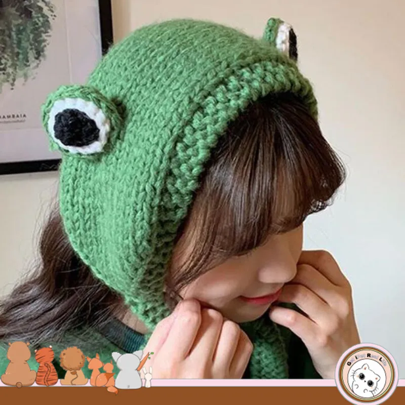 

Knitted Frog Hat with Tie Women Kawaii Frog Hat with Big Eyes Cute Cartoon Girls Y2K Winter Knitted Skullies Beanies T123