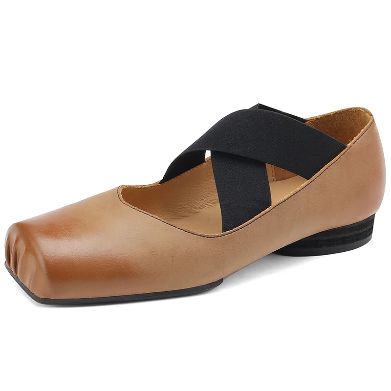 Insicre Cow Leather Elastic Band Low Heels 2022 Fashion Autumn Women Pumps Square Toe Top Quality Size 42 Hand Rubbing