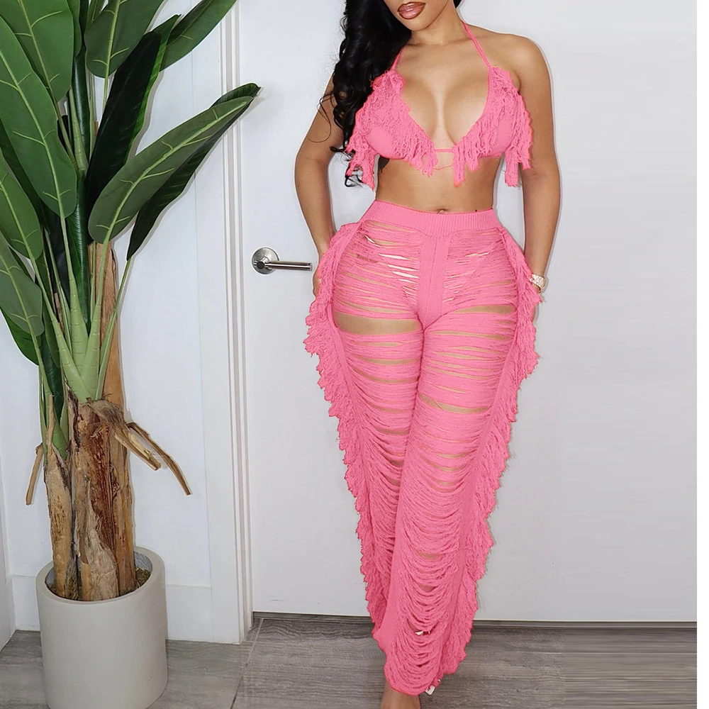 

Summer European and American women's clothing Spicy girls Sexy tassel knit pants set Midi hollow out perspective Soft long women