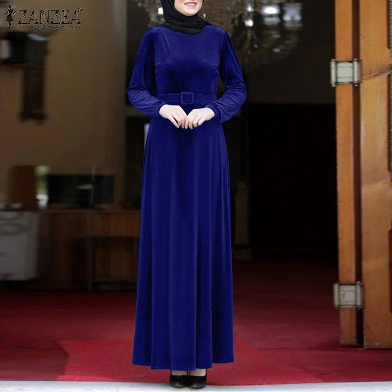 

Party Slim Islamic Abaya Sundress ZANZEA Muslim Women Puff Sleeve Elegant O-Neck Solid Dress Golden Muslim High Waist Dresses