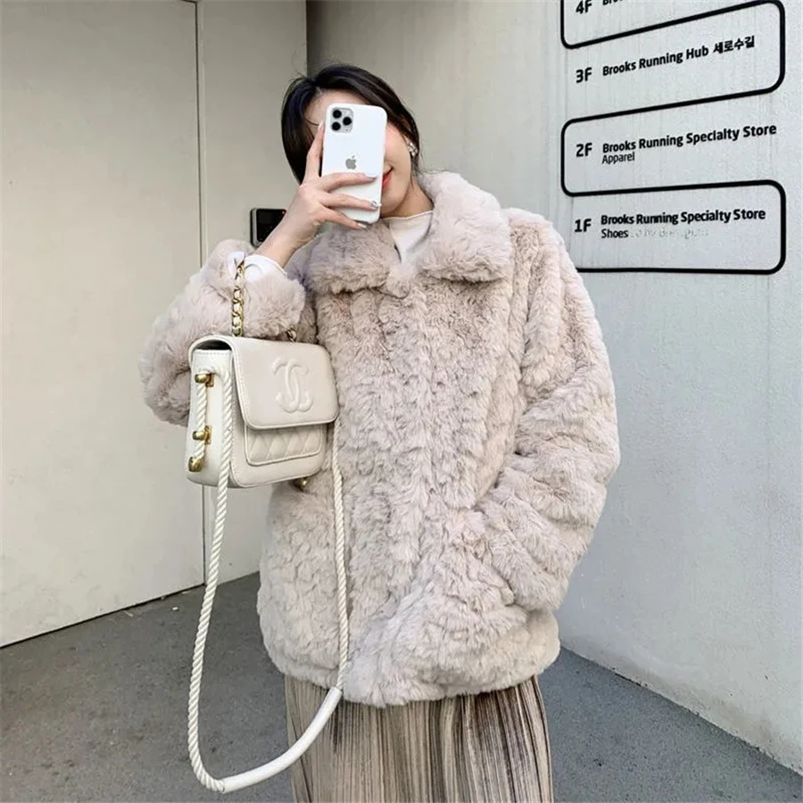 Winter Warm Thicken Faux Rabbit Fur Coat Women Plush Jacket Korean Street Loose Furry Fleece Short Outwear Snow Wear Chaquetas