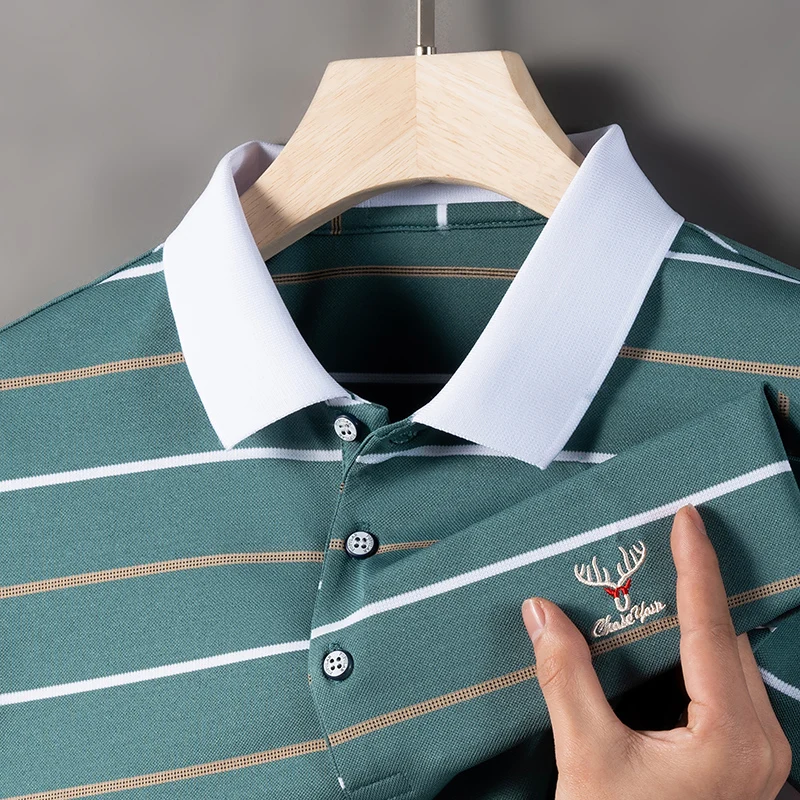 Men's cotton polo shirt embroidered striped T-shirt 2023 summer casual business short sleeved T-shirt men's golf clothing
