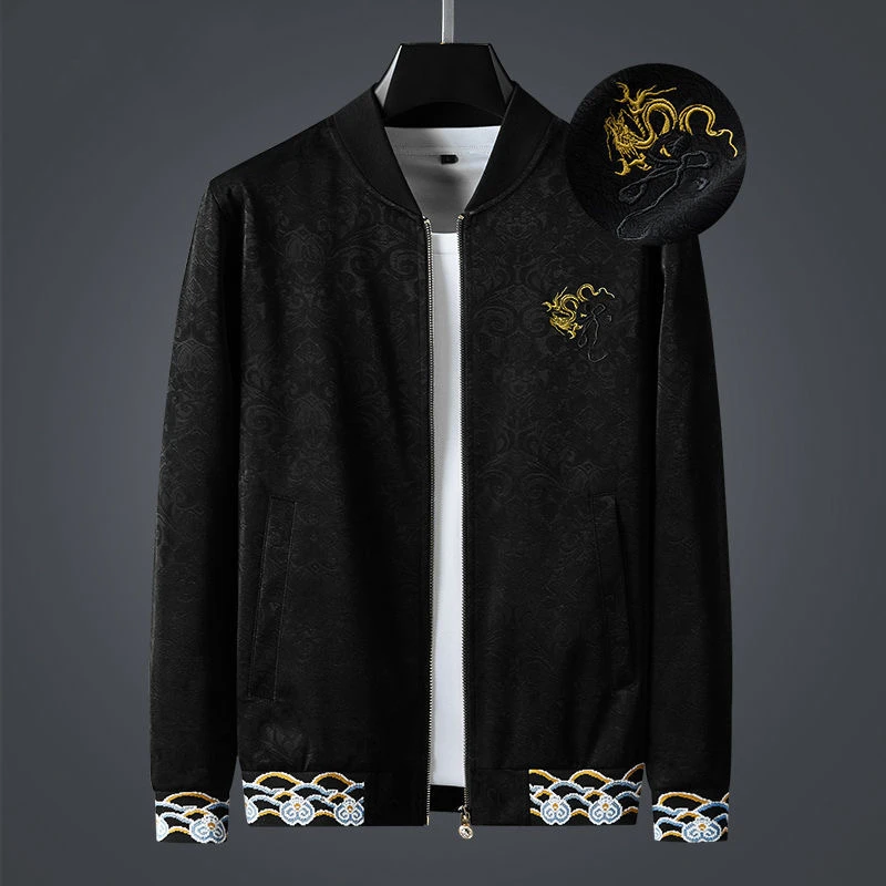 

High end quality dragon embroidered black coat men's spring and autumn new loose large casual cardigan stand collar men's jacket