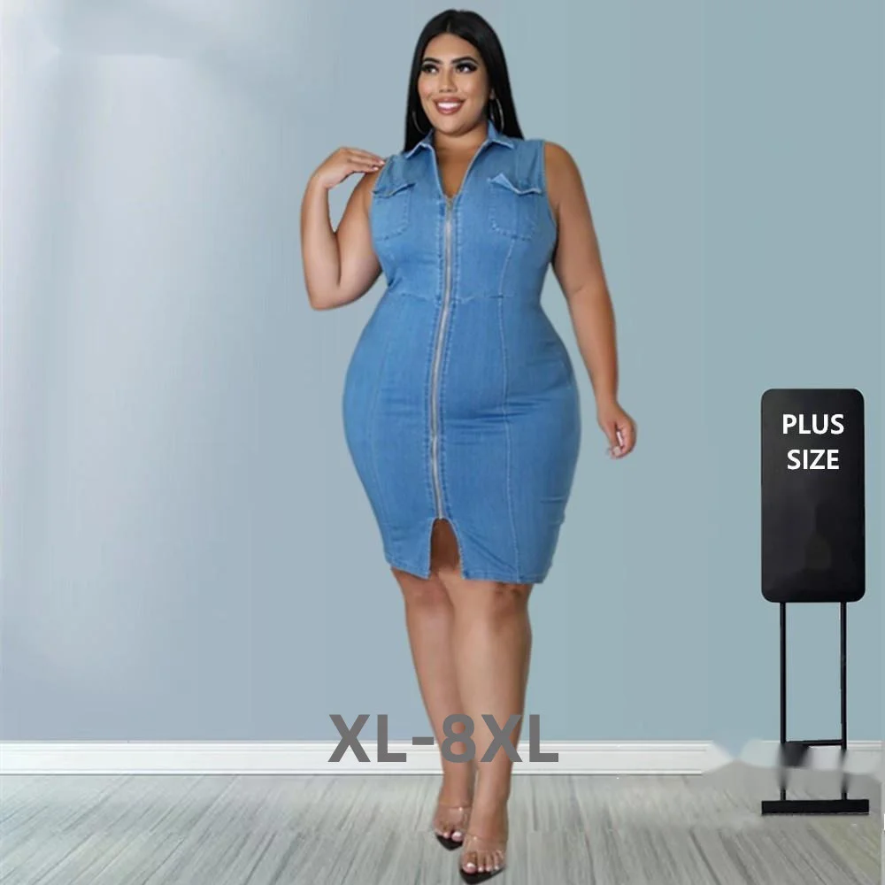 Plus Size Women Clothing Denim Dresses for Women Summer Sleeveless Zipper Sexy Casual Midi Dress Whole 3xl 4xl 5xl 6xl