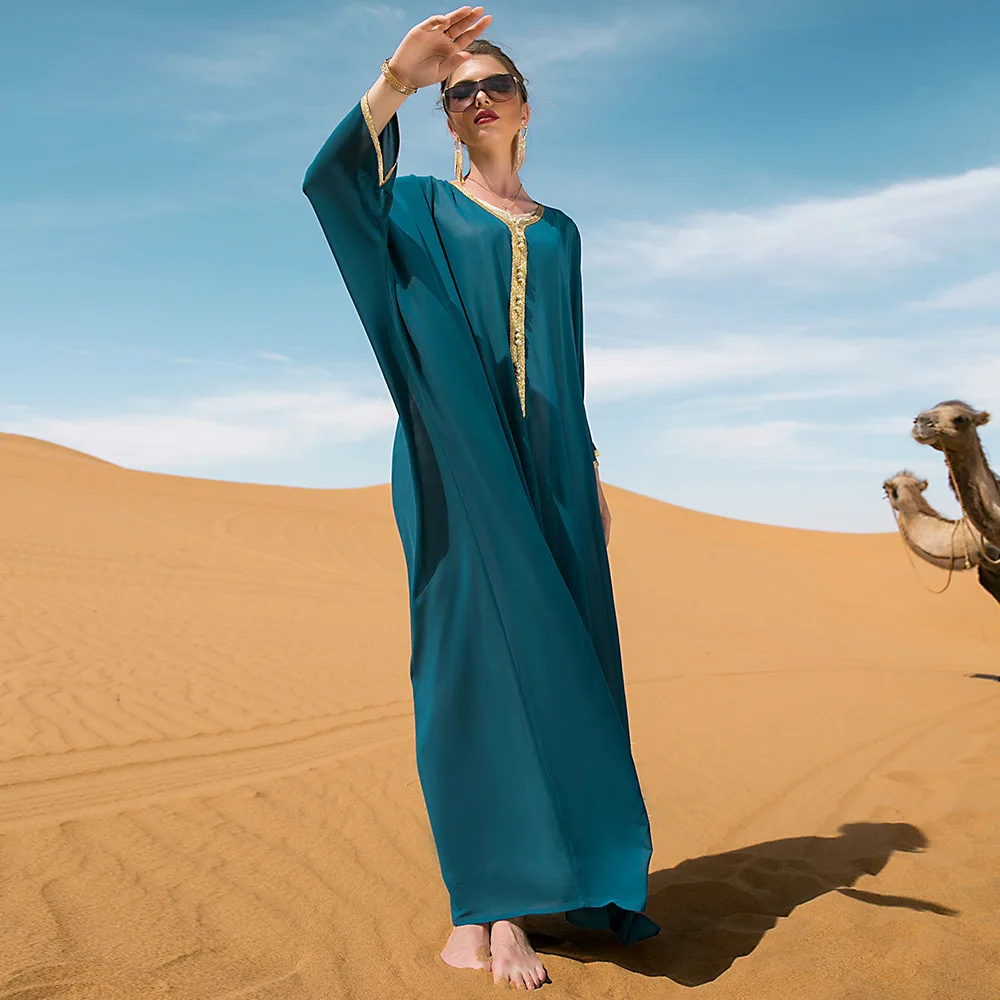 Новая голубая Золотая лента, накидка из Дубая, свободная рубашка с рукавом «летучая мышь», длинная юбка-платье