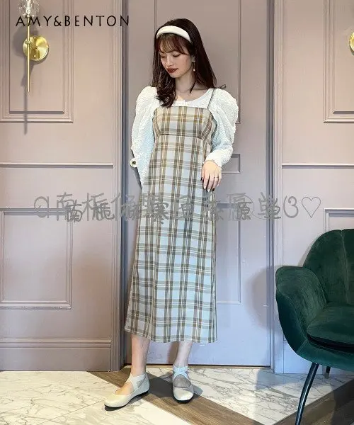 

Spring Summer Women's Dress Japanese Style Shoulder Strap Dress Sleeveless Plaid Mid-Length Dress