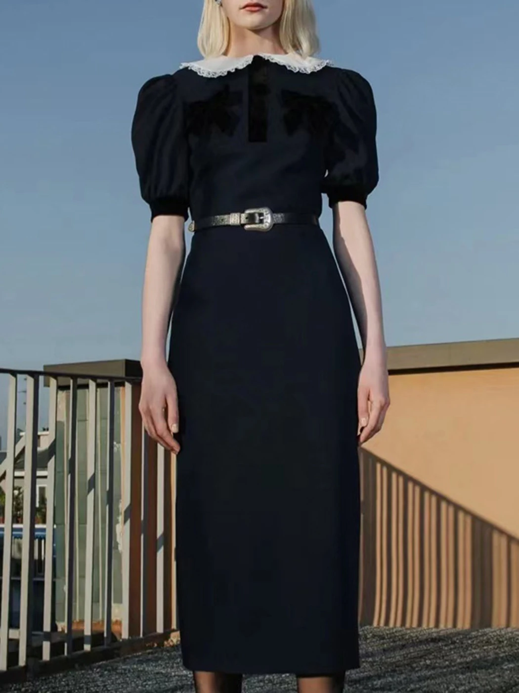 

French Elegant Black Midi Dress New 2022 Summer Puff Sleeve Lace Peter Pan Collar Chic Solid Long Dress Women Bow Tie Office