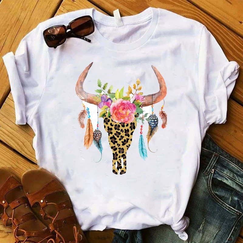 

Women T Plus Size Graphic Cow Bull Leopard Skull Flower Vintage Animal Heifer Top Tee Shirt Ladies Tshirt Female Clothes T-shirt