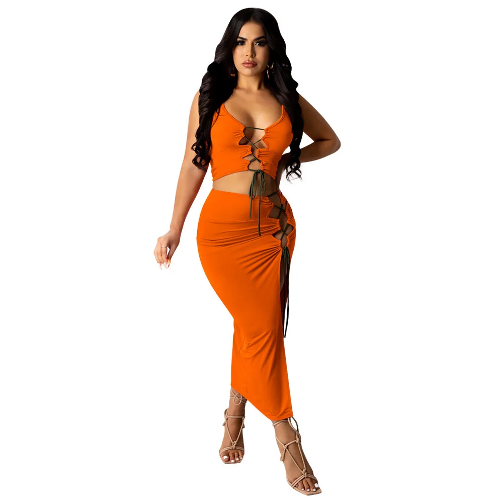 

Spring Summer Two-piece Suit Sexy Sleeveless Solid Color Strappy Split Skirt Two-piece African Women New Orange Top Skirt Suit