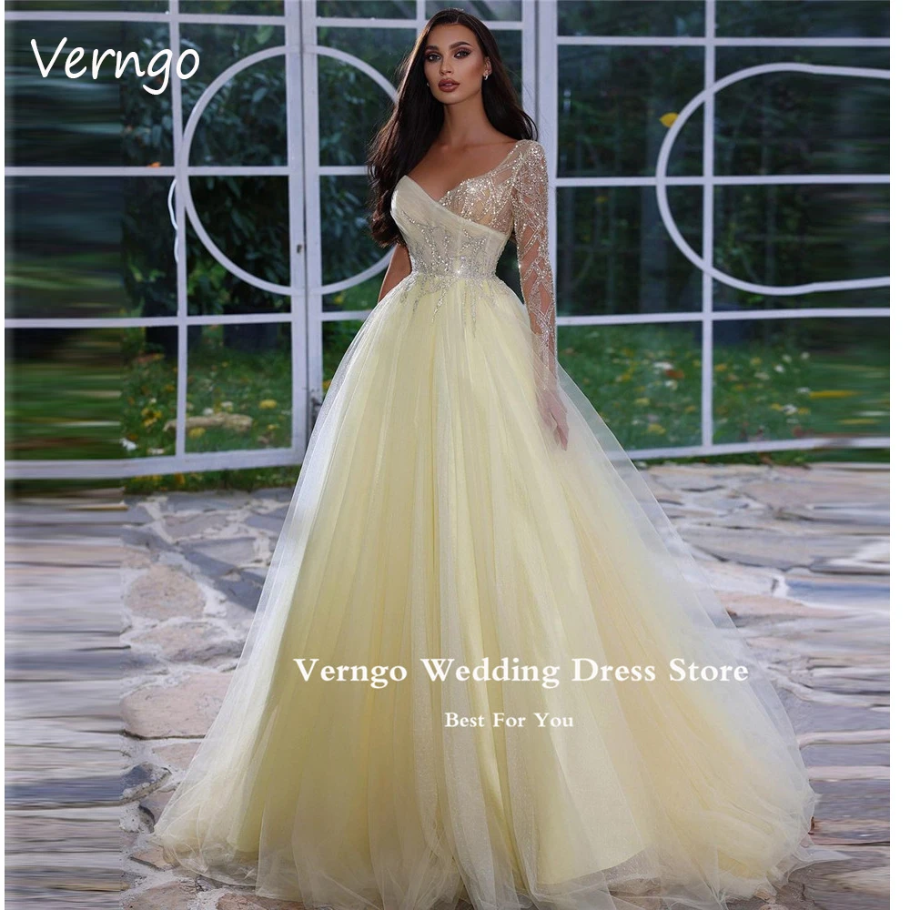 

Verngo Sparkly Light Yellow Tulle Long Prom Dresses Sleeves Lace Dubai Arabic Women Evening Gowns Formal Occasion Dress Shiny