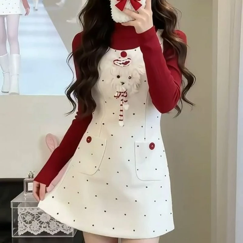 Фото Японские комплекты в стиле Sweet Lolita из 2 предметов: милые красные вязаные топы и платья на бретельках с принтом в горошек и мультяшными собачками, кавайные облегающие наряды в стиле Y2K для женщин №1