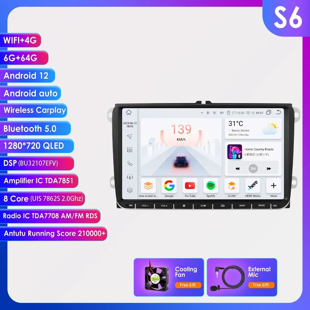 

9-дюймовый автомобильный радиоплеер Android12 с GPS Navi для VW Seat POLO GOLF 5 6 POLO PASSAT CC B6 TIGUAN TOURAN EOS SHARAN Carplay 7862
