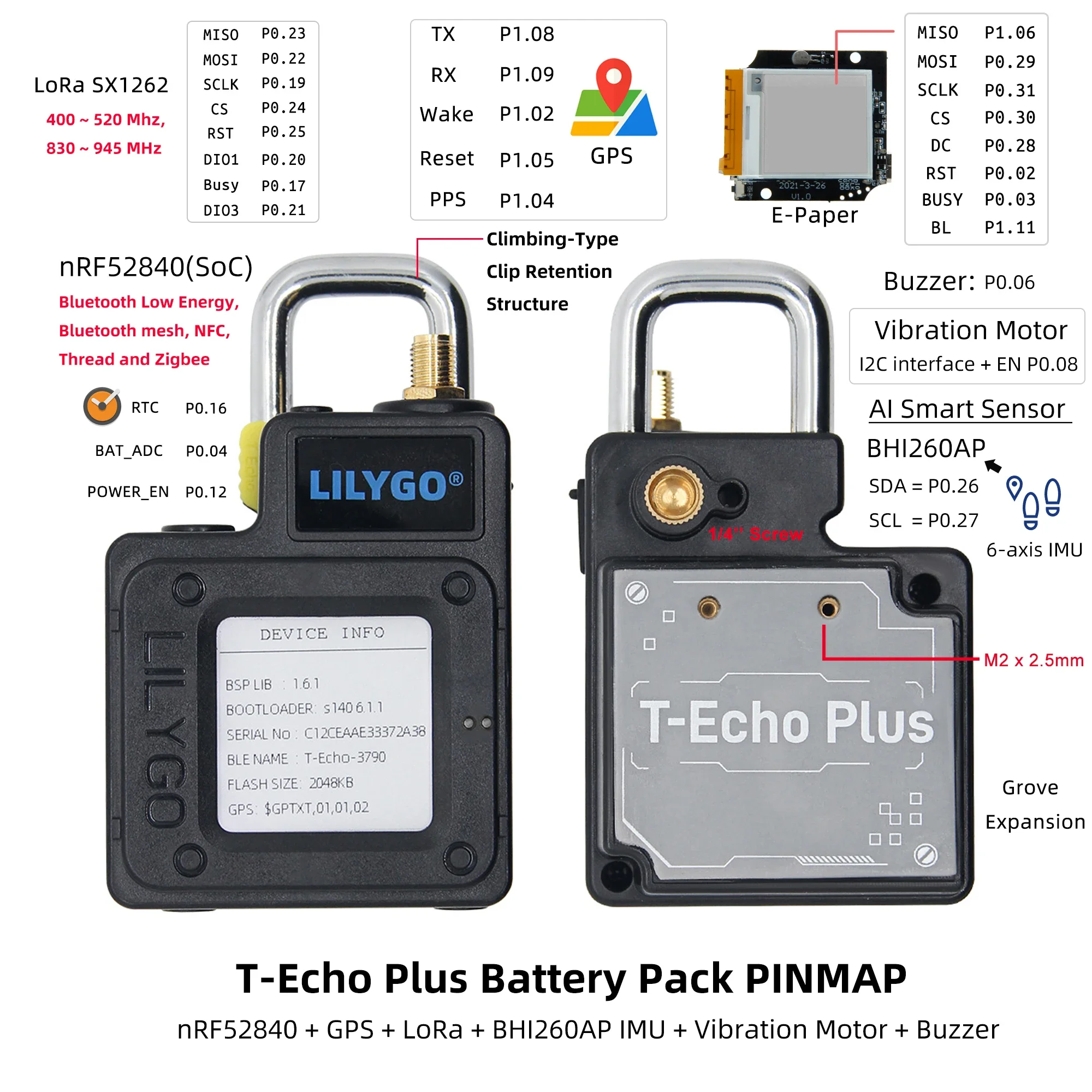 Фото Модуль беспроводной связи LILYGO T-Echo Plus NRF52840 с 1,54-дюймовым E-Paper дисплеем, модулем LoRa SX1262 для дальней связи с низким энергопотреблением, GNSS L76K и аккумулятором 2400 мАч №2