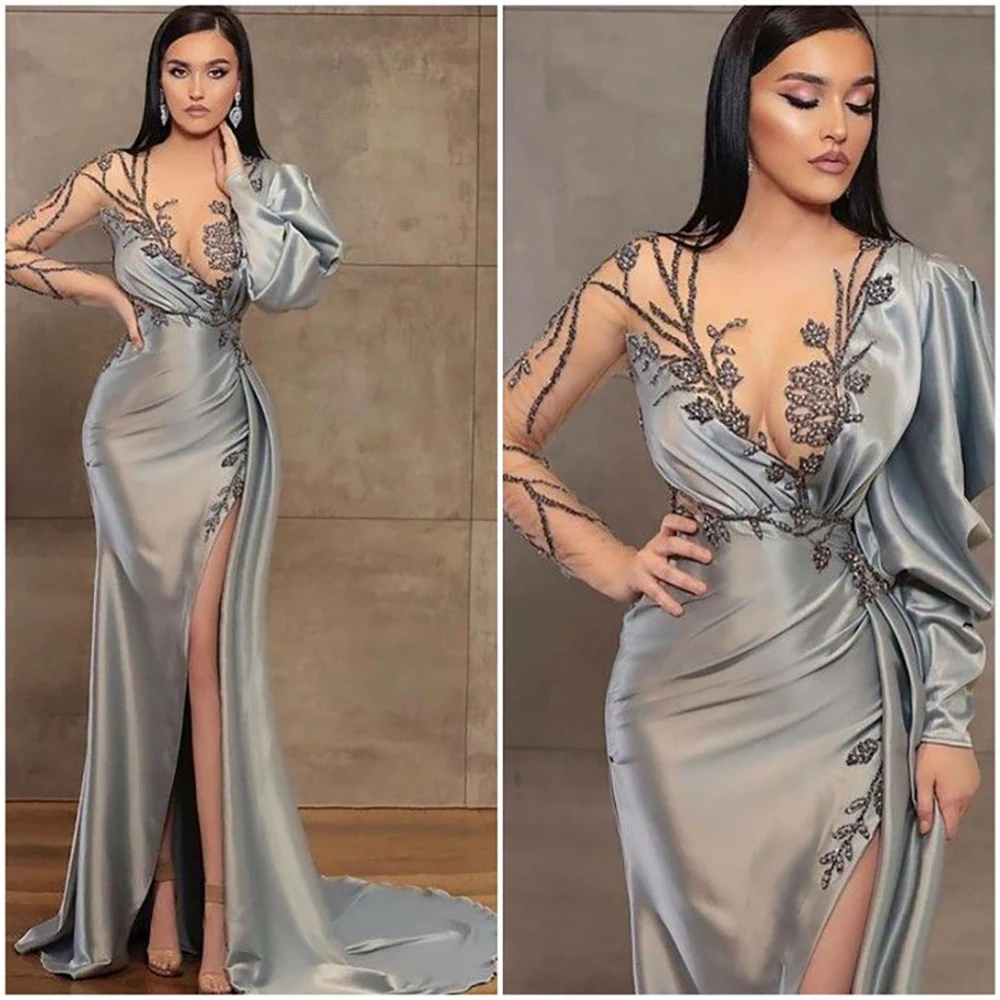 

Сексуальное серебристое атласное платье для выпускного вечера с аппликацией и длинным рукавом с глубоким V-образным вырезом в пол с бусинами Плиссированное с разрезом строгое для событий