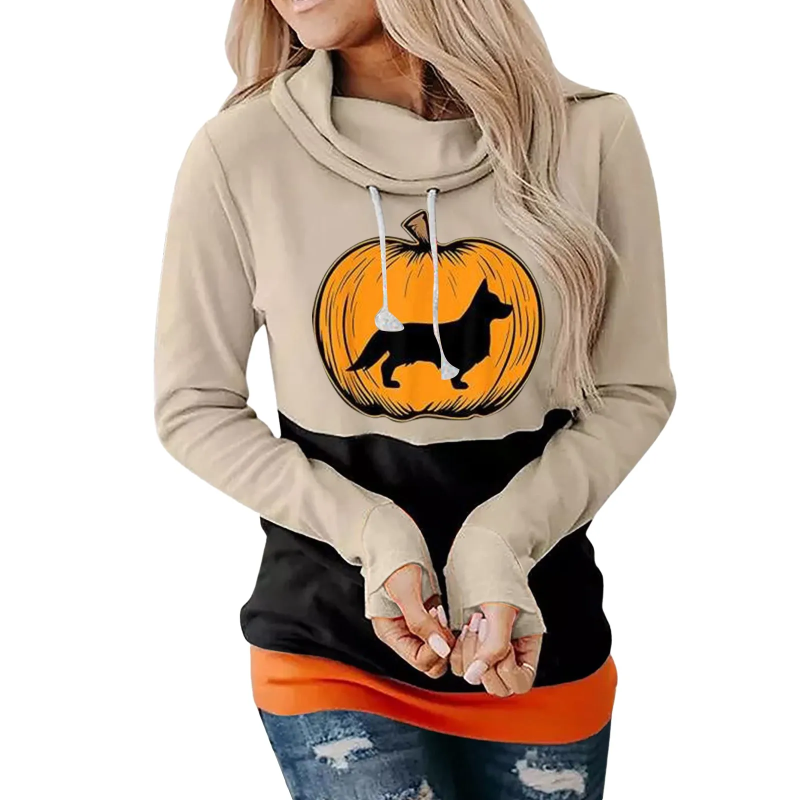 Halloween Women's Long Sleeve Everyday Print Sweatshirt Long Sweatshirt Hooded Drawstring Sweatshirt Ladies Sneakers