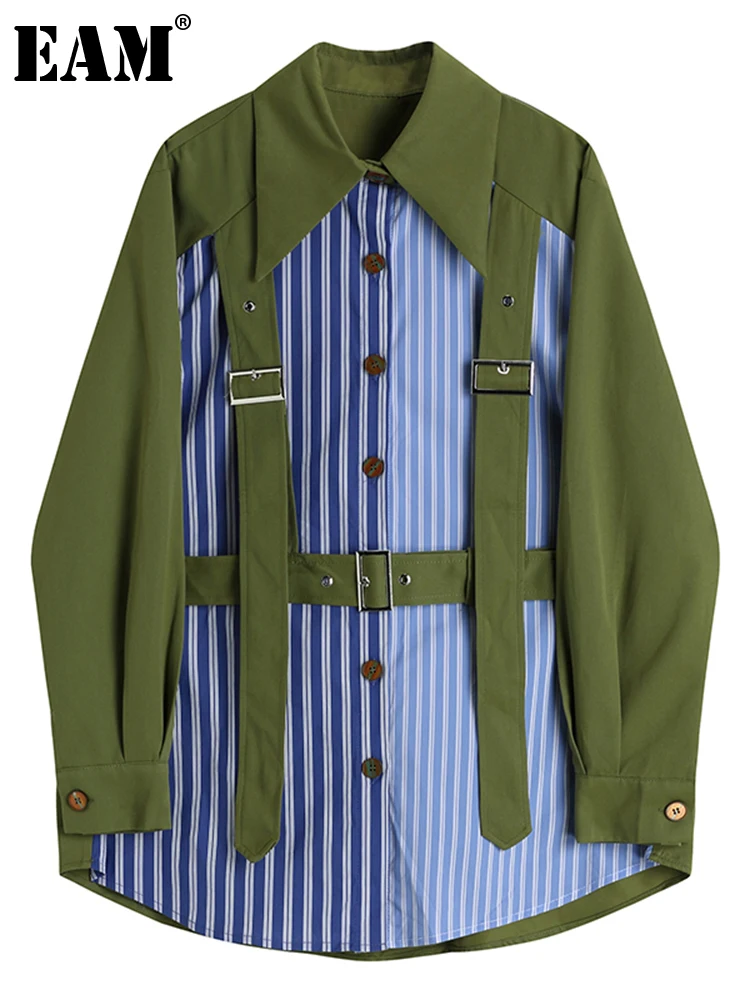 [EAM] Женская блузка в зеленую полоску с пряжкой большого размера новая свободная