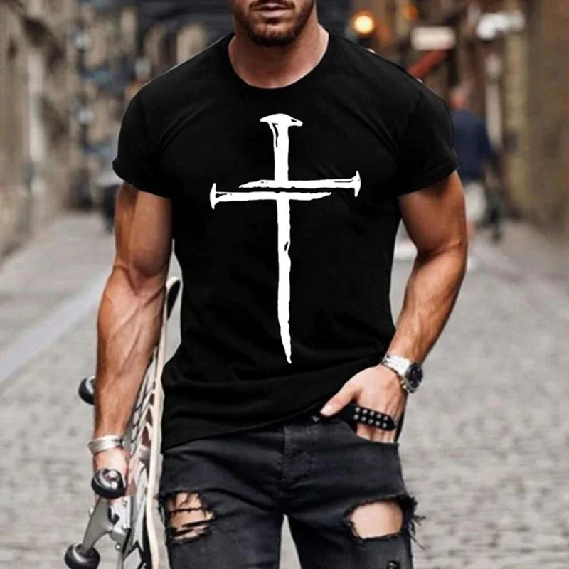 

Summer New Mens Ethnic Causal Cotton Short Sleeve T Shirts Oversize Vintage Cross Print O Collared Black T Shirt Camiseta Hombre