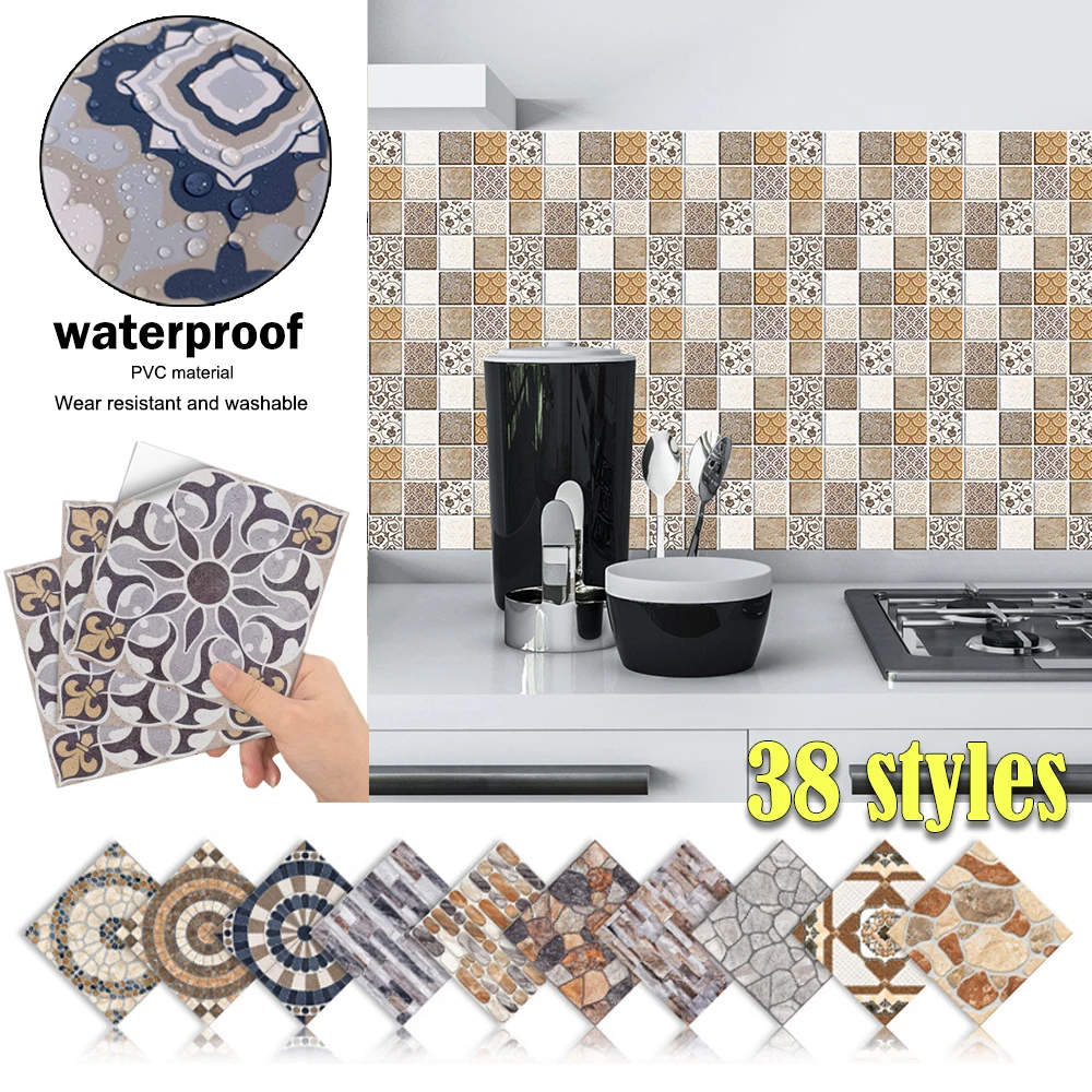 

10/15/20/30cm Marble Mosaic Tiles Wall Sticker Transfers Flat 2D Printed Covers For Kitchen Bathroom PVC Waterproof Art Mural