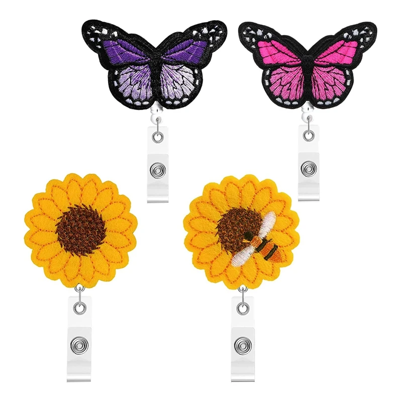 

4 Pieces Sunflower Butterfly Felt Nurse Badge Reel Retractable Badge Holder Cute Nursing Name ID Badge Reel Holder