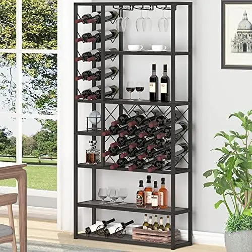 

Wine Freestanding Floor, Industrial Modern Wine Bakers , Farmhouse Wood and Metal Wine Bar Cabinet with Wine Storage and Glass