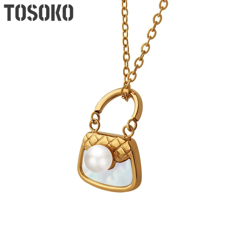 TOSOKO Stainless Steel Jewelry Bag Pendant White Seashell Pendant Necklace Women's Fashion pearl Inlaid Collarbone Chain BSP339