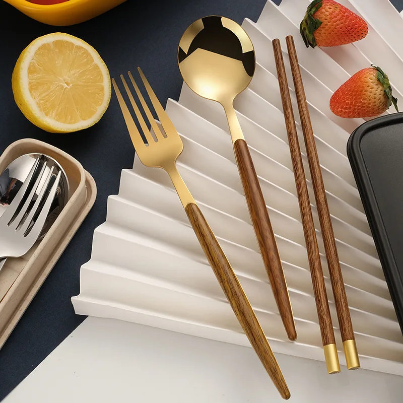 

Cutlery Set Stainless Steel Dessert Spoon Fork Chopsticks Wooden Handle Tableware Portable Travel Dinnerware Kitchen Accessories