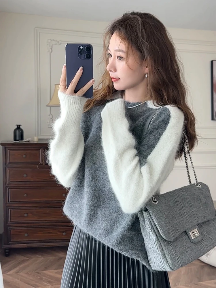 Zhang Astringent 2024 осенний новый мягкий клейкий свитер из альпаки серого и белого цвета