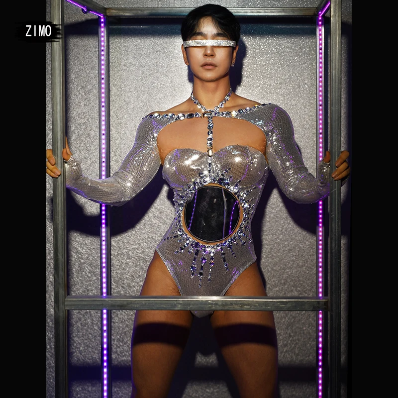 

Stunning Nightclub Bar Show Drag Queen Outfits Women Bodysuits Sequins Rhinestone Futuristic Birthday Stage Drag Queen Outfits