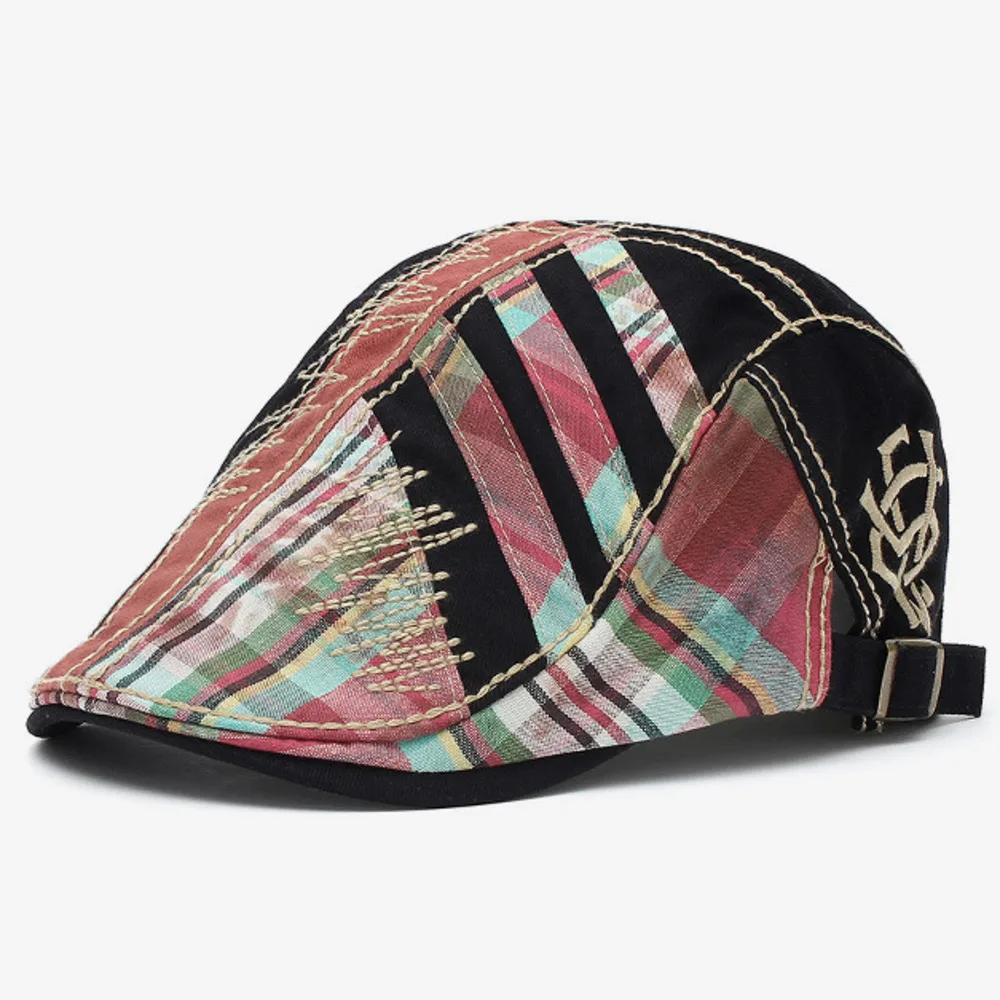 

Patchwork Adjustable Gatsby Newsboy Hat Colored Plaid Flat Cap Stitch Beret Cabbie Ivy Cap Embroidered Gatsby Driving Berets Hat