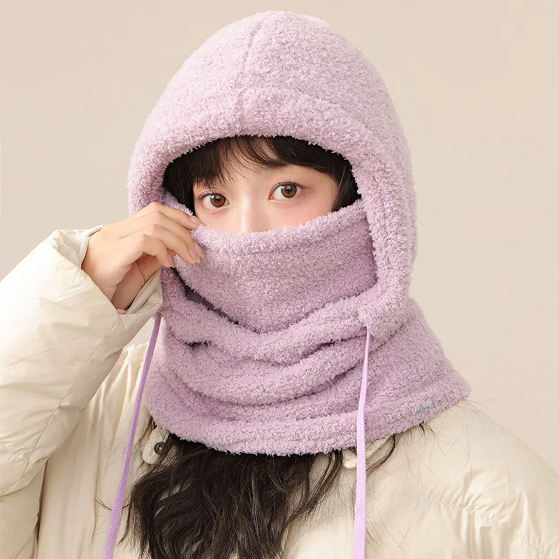 Hat Women Autumn and Winter Warm Artifact Cycling Windproof Cold-Proof Plush Earmuff Sleeve Cap Men's Scarf One Hood