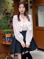 2022 spring sweet fashion 2 piece set women bow shirt blouse tops high waist jacquard pleated skirt two piece suits women sets