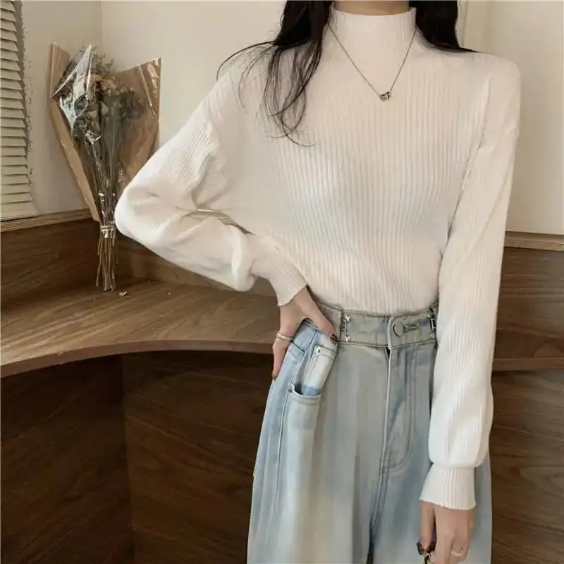 

Half Turtleneck Lantern Sleeve Solid Color Sweater Knitted Top Women's Pullover Autumn and Winter Dropshipping Sweater Women's
