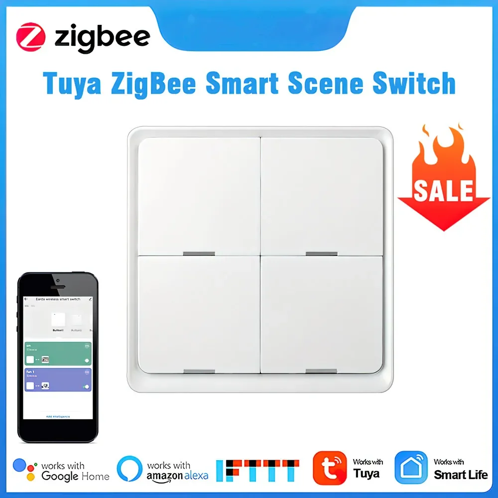 

ZigBee Smart Scene Switch 4 Gang 12 Scene Push Button Controller, Works With Google Home and Smart Life App Control.
