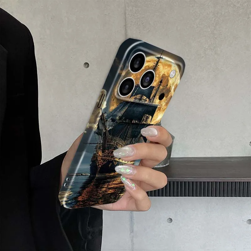 Чехол для телефона с изображением парусника на лунном свете для Apple iPhone 17 16e 16 15 14 13 12 11 X 7 6 Pro Max Plus Mini, жесткий, с защитной пленкой (art.: 3920d80ce6eea) - 3920d80ce6eea