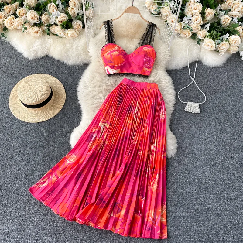 

Holiday Beach Two Pieces Dress Set For Women Chic Printed Sleeveless Crop Camisole Top + Mini Skirt Lady Summer Skirt Suuts