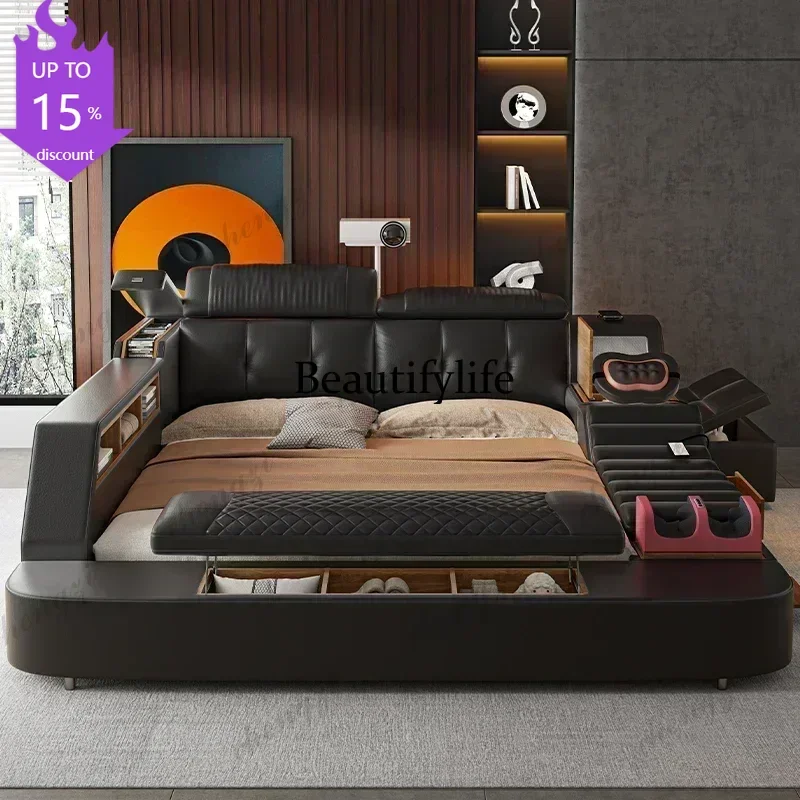 Фото Двуспальная кровать A182 Black King Size с выдвижными ящиками для хранения, многофункциональная массажная кровать с системой хранения, современная, для спальни. №1