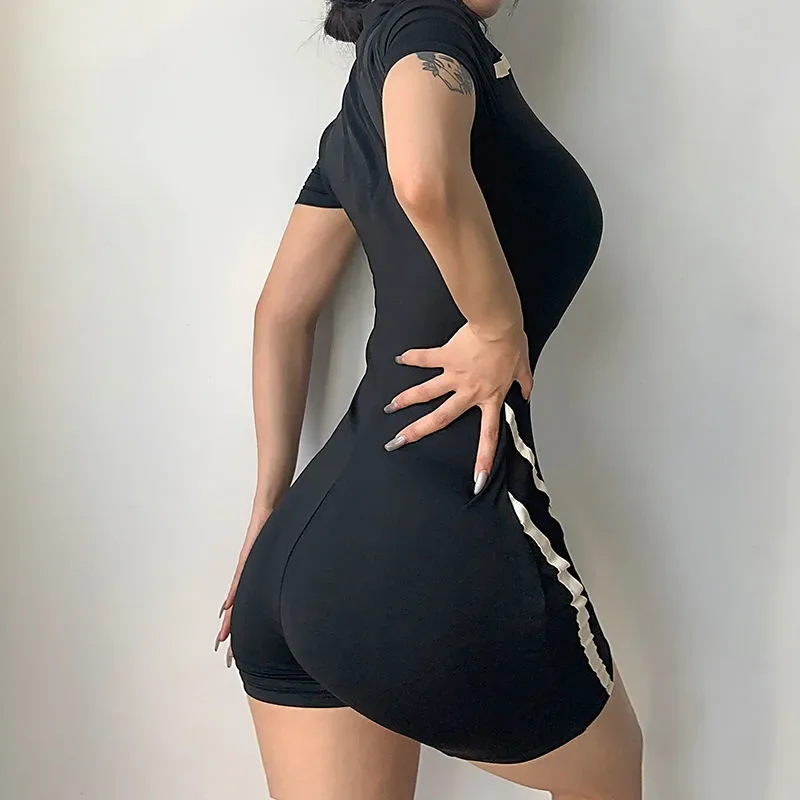 

Mesh panels contrast fashion suit women's zip slim running sports jumpsuit tide