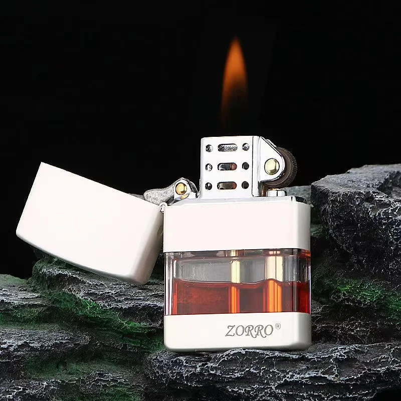 

New ZORRO Transparent Fuel Tank Kerosene Lighter Flip Wheel Windproof Gasoline Lighter Smoking Accessories Men's Gift Gadget