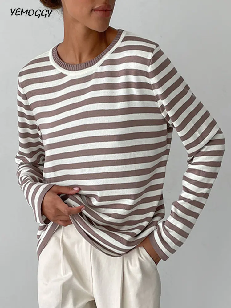 

Knitted Stripe Sweater Women Pullovers 2022 Autumn Winter Loose Casual Thick Pullovers Female Warm Long-sleeved O Neck Tops