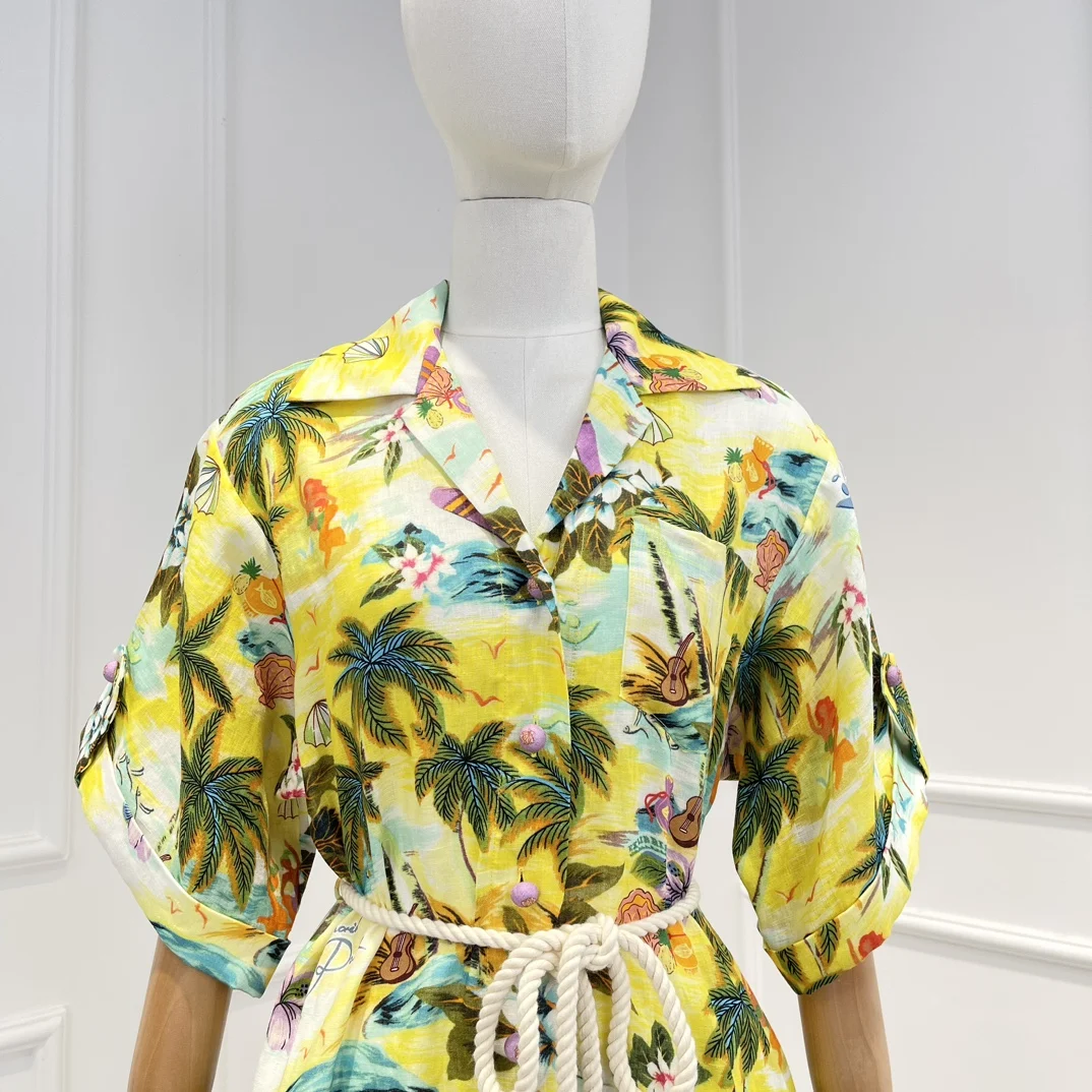 Playsuits for Women with Belt Top Quality Linen New Arrivial 2023 Summer Coconut Trees Print Half Sleeve Beach Style Outfit