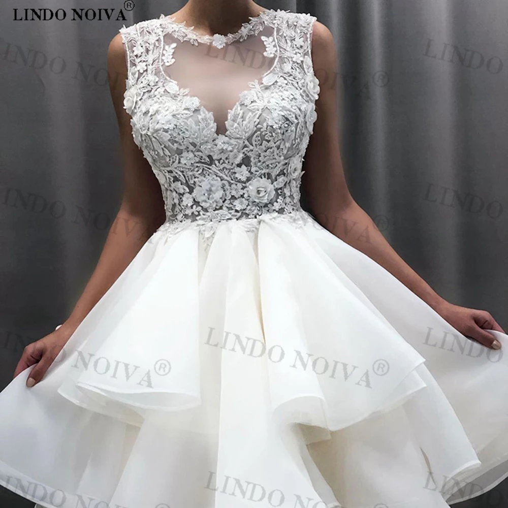 

LINDO NOIVA 2023 короткие милые кружевные свадебные платья с вырезом на спине многоярусная Юбка До Колена с круглым вырезом без рукавов Мини Свадебные платья