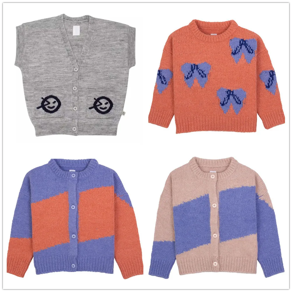 

2023 AW New Arrivals Wyn Kids Girl Fashion Knit Sweaters Bow Tie Pattern Knit Jacket for Girls