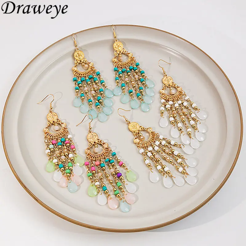 

Draweye Bohemia Tassels Earrings for Women Colorful Beads Summer Water Drop Pendientes Mujer Beach Style Ins Jewelry