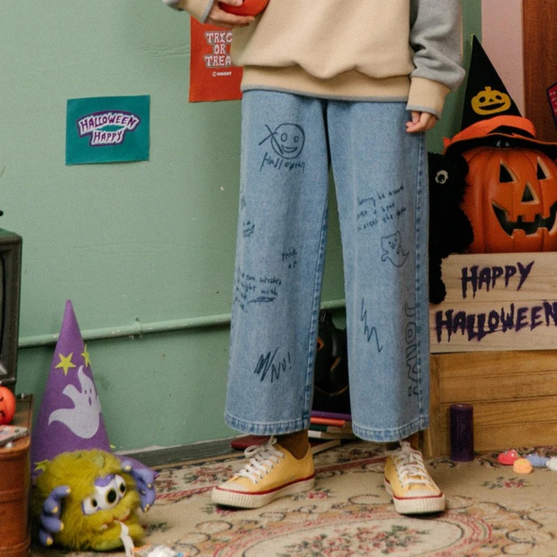 2023 Fashion Jeans New Trend Style Student Loose Vintage Straight Nine-point Wide Leg Pants Print High Waist Trousers Streetwear